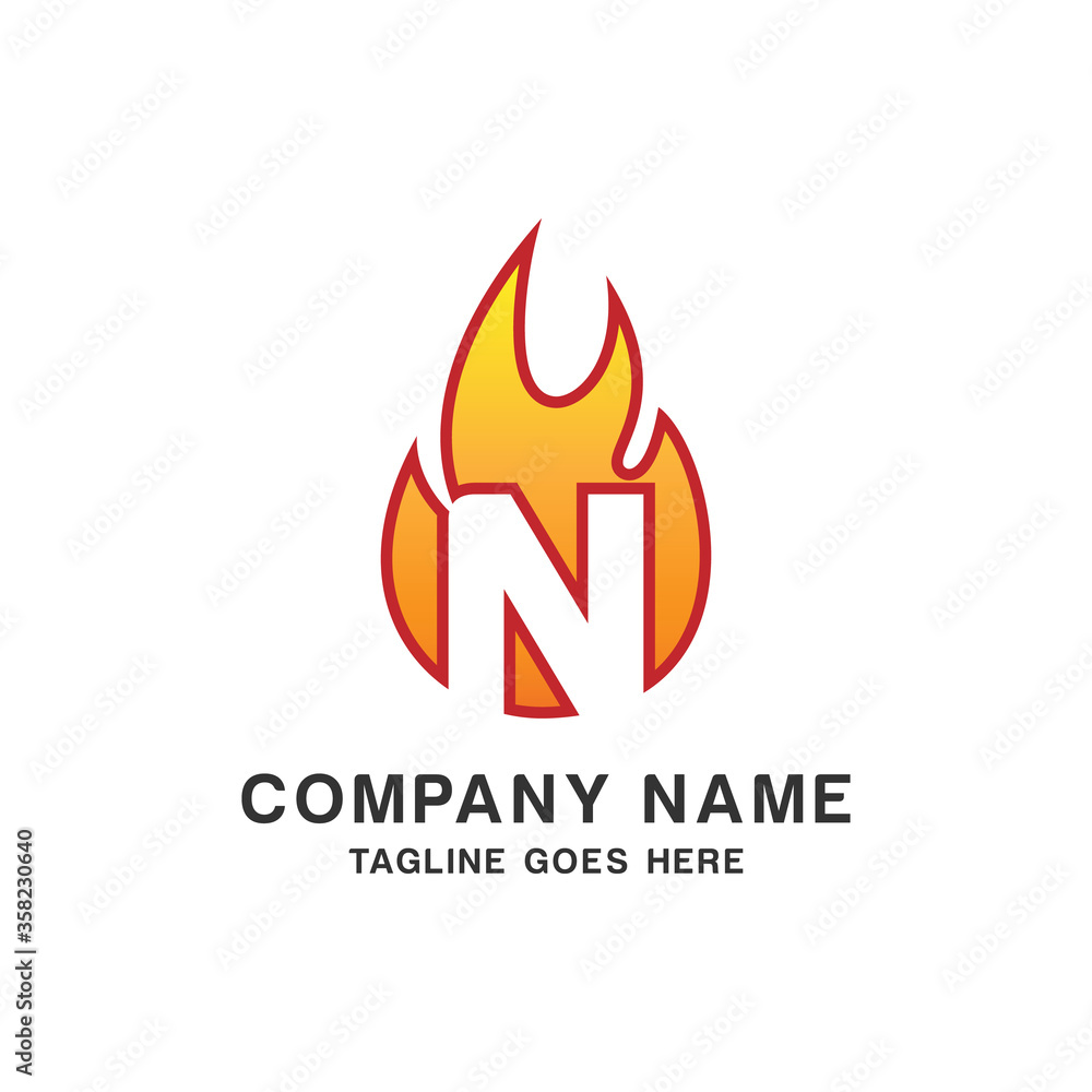 Initial Letter N with Flame Fire Logo Design Template Initial Letter N with Flame Fire Logo Design Template