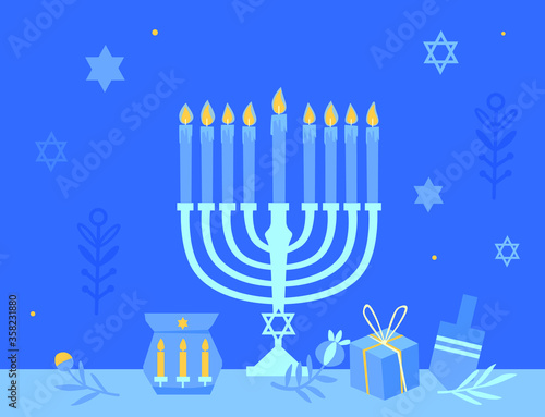 Happy Hanukkah flat design illustration with star symbol of jews on background