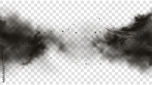 Black smoke or fog isolated on transparent light background. Abstract black powder explosion with particles. Colorful dust cloud explode, paint holi, mist smog effect. Realistic vector illustration
