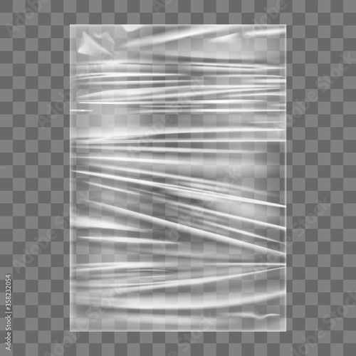 Transparent stretch plastic wrap texture. Realistic polyethylene wrapping stretch film background. Vector transparent cellophane package mockup