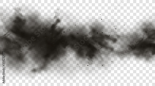 Black smoke or fog isolated on transparent light background. Abstract black powder explosion with particles. Colorful dust cloud explode, paint holi, mist smog effect. Realistic vector illustration