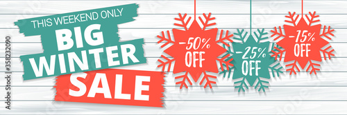 Big winter sale offer, banner template. Colored paper origami snowflake with lettering, isolated on wooden background. After Christmas sale tags. Shop market poster design. Vector illustration EPS 10.