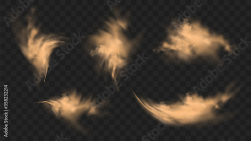 Dust sand clouds set with stones and flying dusty particles isolated on transparent background. Desert sandstorm. Realistic vector illustration