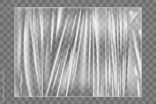 Transparent stretch plastic wrap texture. Realistic polyethylene wrapping stretch film background. Vector transparent cellophane package mockup