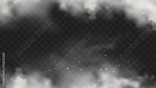 White snow explosion with particles and snowflakes splash isolated on transparent dark background. White flour powder explosion, Holi paint powder. Smog or fog effect. Realistic vector illustration