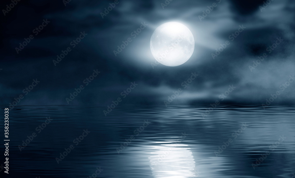 Dark cold futuristic forest. Dramatic scene with trees, big moon, moonlight. Smoke, shadow, smog, snow. Night forest landscape reflection in the river, sea, ocean. 3D illustration