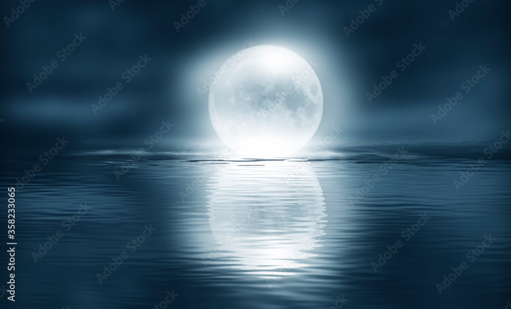 Dark cold futuristic forest. Dramatic scene with trees, big moon, moonlight. Smoke, shadow, smog, snow. Night forest landscape reflection in the river, sea, ocean. 3D illustration Dark cold futuristic forest. Dramatic scene with trees, big moon, moonlight. Smoke, shadow, smog, snow. Night forest landscape reflection in the river, sea, ocean. 3D illustration