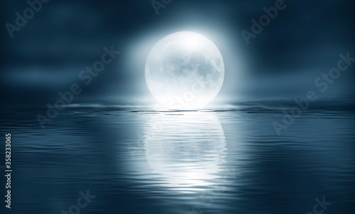 Dark cold futuristic forest. Dramatic scene with trees, big moon, moonlight. Smoke, shadow, smog, snow. Night forest landscape reflection in the river, sea, ocean. 3D illustration