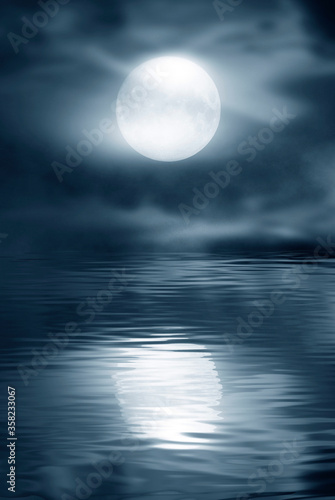 Dark cold futuristic forest. Dramatic scene with trees, big moon, moonlight. Smoke, shadow, smog, snow. Night forest landscape reflection in the river, sea, ocean. 3D illustration © MiaStendal