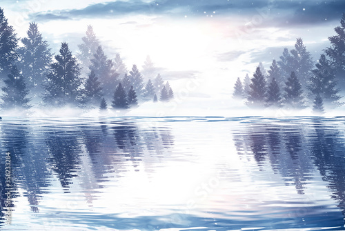 Winter abstract landscape. Sunlight in the winter forest. Panorama of forest landscape in winter. Bright winter nature scene. Reflection in the water, river. 3D illustration