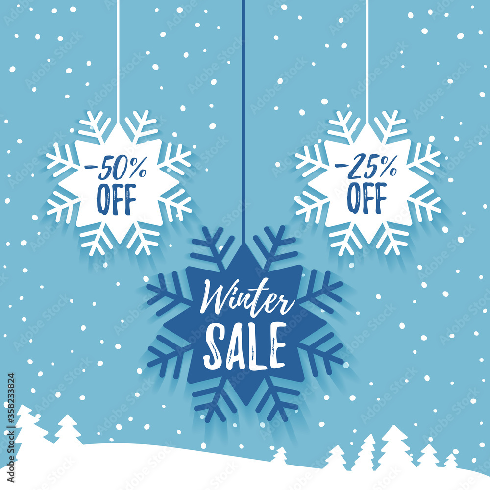 Winter sale promo poster ads. Flat paper snowflake tag with long shadow and winter forest on the blue background. Web banner for e-commerce, on-line shop, fashion beauty shop, store. Vector. Winter sale promo poster ads. Flat paper snowflake tag with long shadow and winter forest on the blue background. Web banner for e-commerce, on-line shop, fashion beauty shop, store. Vector.