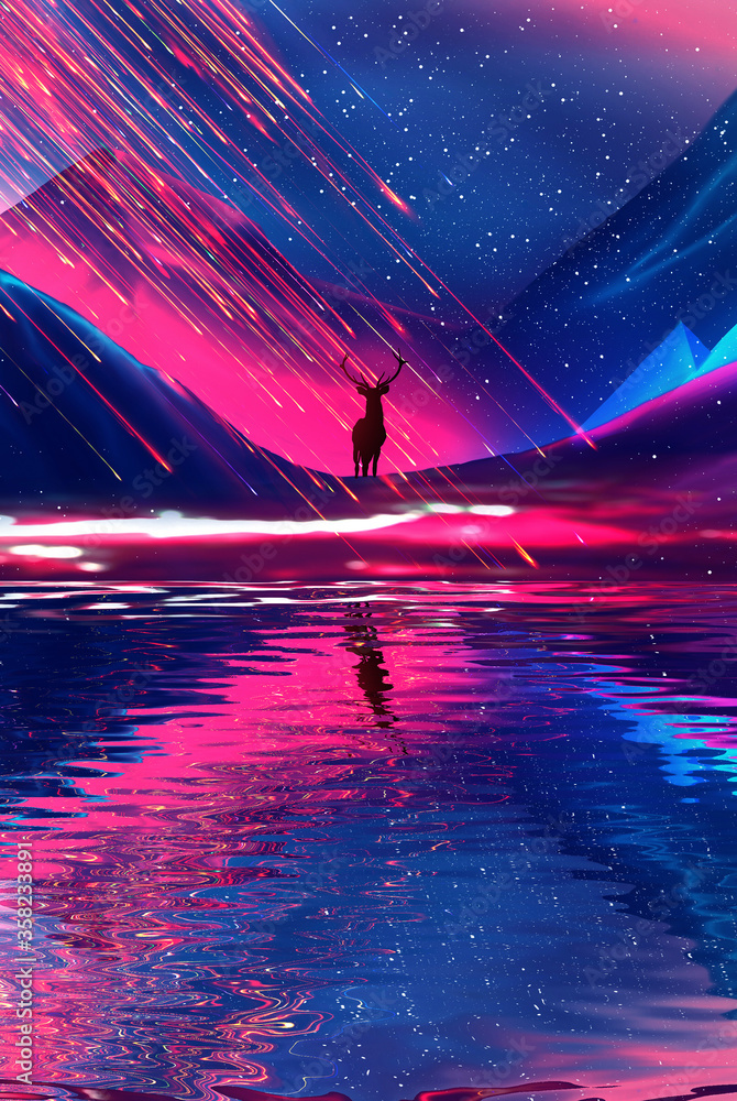 Night landscape with palm trees, against the backdrop of a neon sunset, stars. Silhouette coconut palm trees on beach at sunset. Futuristic landscape. Neon palm tree. Tropical sunset. 3D illustration Night landscape with palm trees, against the backdrop of a neon sunset, stars. Silhouette coconut palm trees on beach at sunset. Futuristic landscape. Neon palm tree. Tropical sunset. 3D illustration