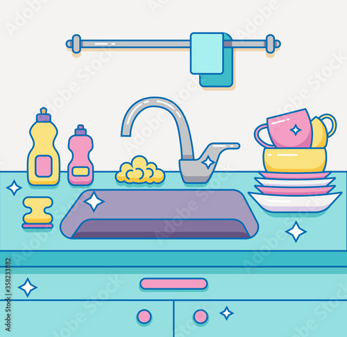 Kitchen sink with kitchenware,