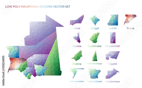 Mauritanian low poly regions. Polygonal map of Mauritania with regions. Geometric maps for your design. Attractive vector illustration.