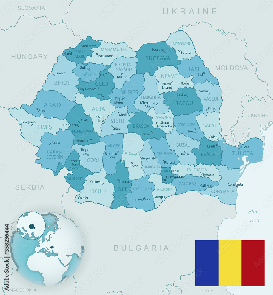 Obraz premium Blue-green detailed map of Romania administrative divisions with country flag and location on the globe.