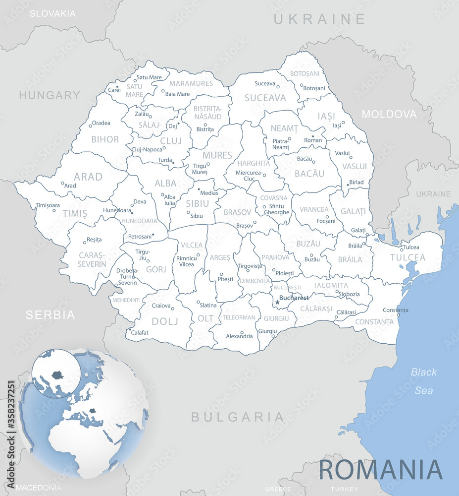 Blue-gray detailed map of Romania administrative divisions and location ...