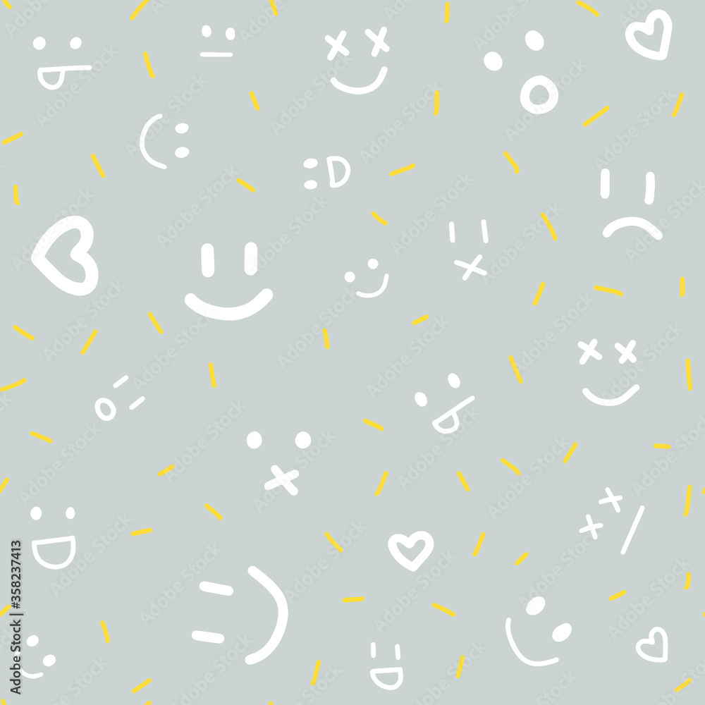 Seamless pattern on the theme of World Emoji Day on June 17. Decorated with different moods, hand-drawn faces. Seamless pattern on the theme of World Emoji Day on June 17. Decorated with different moods, hand-drawn faces.