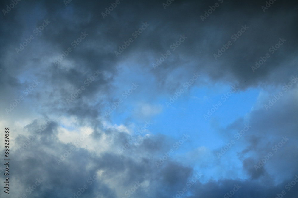 Picturesque clouds in the sky. Window view of an airplane on a sunny gloomy day. Stock photo background
