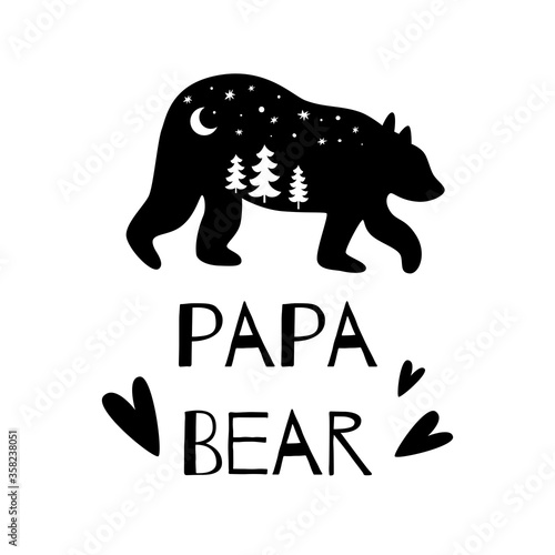 Papa bear black silhouette with forest. Adventure illustration Funny bear for Farthers day card, dad print poster Vector