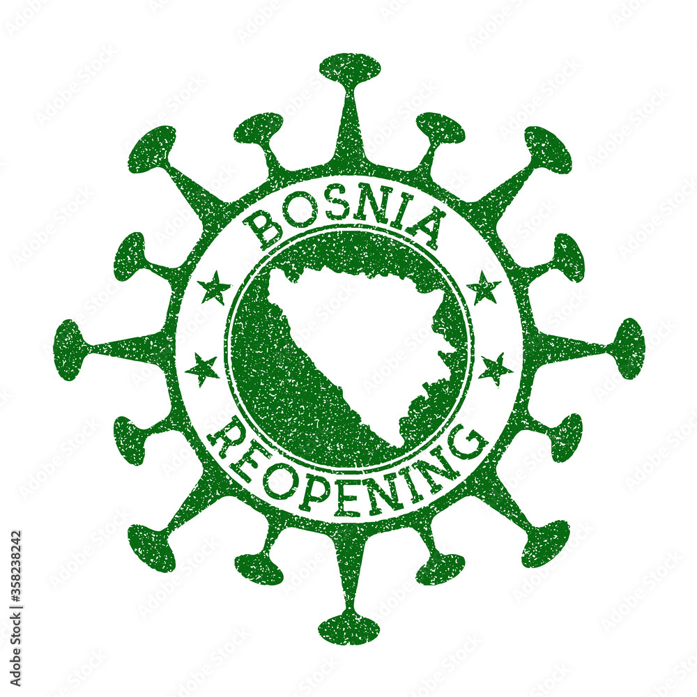 Bosnia reopening stamp. Green round badge of country with map of Bosnia. Country opening after lockdown. Vector illustration. Bosnia reopening stamp. Green round badge of country with map of Bosnia. Country opening after lockdown. Vector illustration.