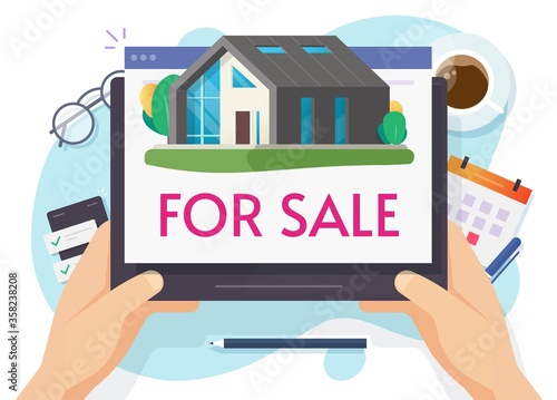 House for sale or new home apartment selling online on digital computer flat cartoon illustration, concept of hotel purchasing or buying service app on internet modern design