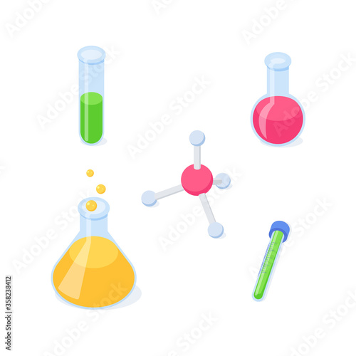 Chemical isometric set - glass flasks and test-tube with liquid and molecule model for learning and studying design