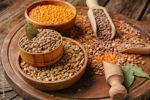 Different raw lentils on table