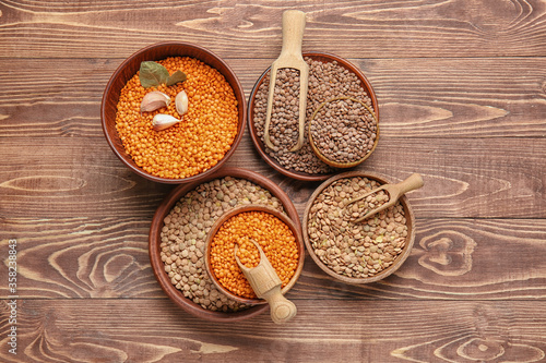 Different raw lentils on table