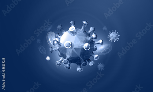 3d Virus model in abstract polygonal style isolated on blue background. Microorganism, a type of pathogenic microflora, as a representative of the science of virology and microbiology