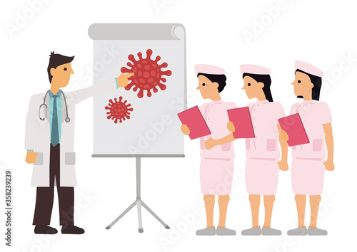 Group of nurses reading document in meeting room at hospital briefing by a doctor.