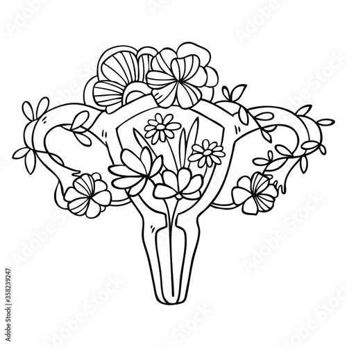 Vector illustration in cartoon style with beauty female reproductive system with flowers. Hand drawn uterus,  female reproductive sex organ