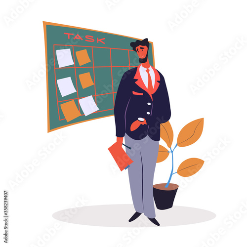 Tasks organization and time management vector. Bearded man stand with document in hand. Office worker appointing events and making planning. Visual board with stickers and memos. Manager flat style