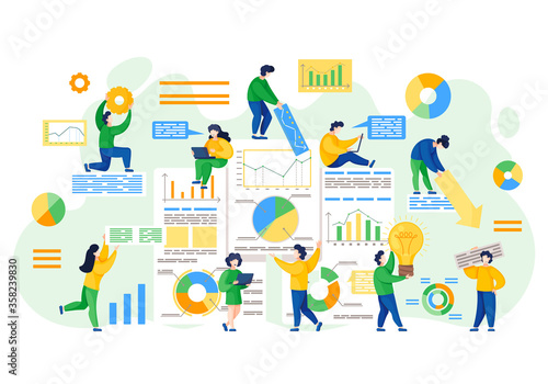 Statistics and analysis, graphics or chart and index numbers vector. Statistical and analytical data, coefficients or rate, office workers studying infographics. Diagrams and pie chart illustration