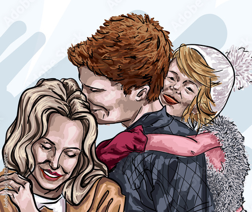 Family consisting of mom, dad and daughter. Mother and father with child, happily married couple spending time together. Kid girl sitting on daddys back. Man and woman in love, vector illustration