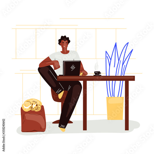 Freelance man work in comfortable cozy home office in kitchen vector flat illustration. Freelancer man character working from home at relaxed pace, self employed concept