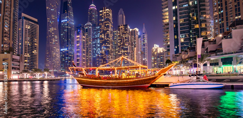 Canvas Print Dubai Marina district skyline at night, United Arab Emirates
