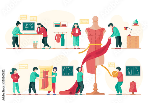 Set of people working on design of dresses and fashionable clothes. Atelier shop with designers and tailors to sew clothing for brands. Workshop of masters, creating new collection vector illustration