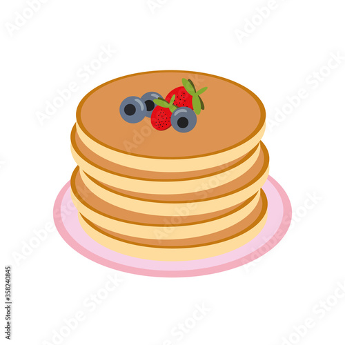 pancake with strawberries and blueberries on a plate in vector flat style, single element for design. food, american dessert