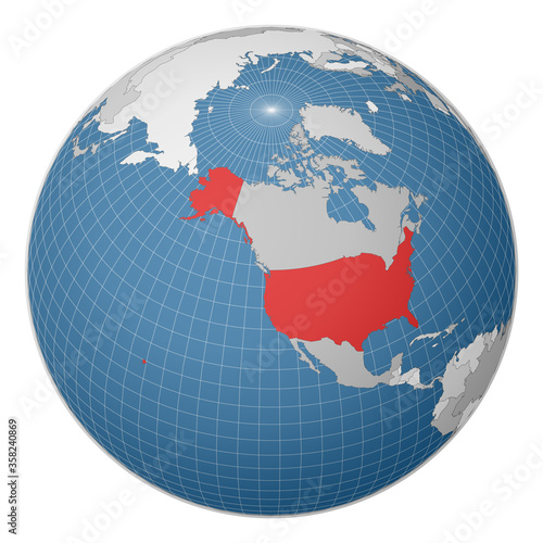 Globe centered to USA. Country highlighted with green color on world map. Satellite world projection. Charming vector illustration.