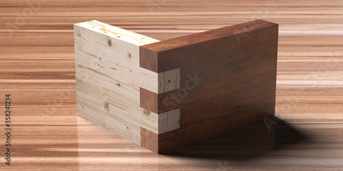 Wooden box joint jig, dovetail connection concept. Woodworking of corner assembling on wood. 3d illustration photo