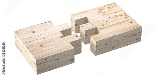 Fototapeta Naklejka Na Ścianę i Meble -  Wooden box joint jig, dovetail connection concept. Woodworking of separate pieces isolated on white background. 3d illustration