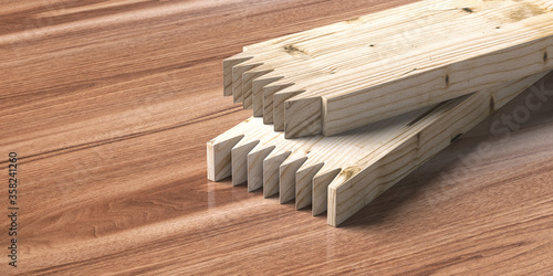 Fototapeta Naklejka Na Ścianę i Meble -  Finger joint wood connection concept. Woodworking of zigzag end on brown wood background. Floorboard closeup. 3d illustration