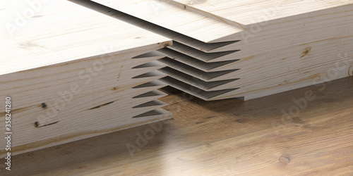 Fototapeta Naklejka Na Ścianę i Meble -  Finger joint wood connection concept. Woodworking of zigzag end on brown wood background. 3d illustration