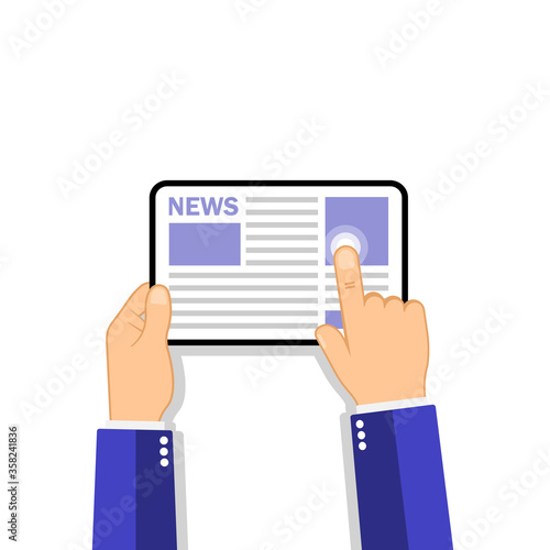 Hands holding tablet computer with news icon on the screen.. Flat design concept on isolated background. Eps 10 vector. Business concept