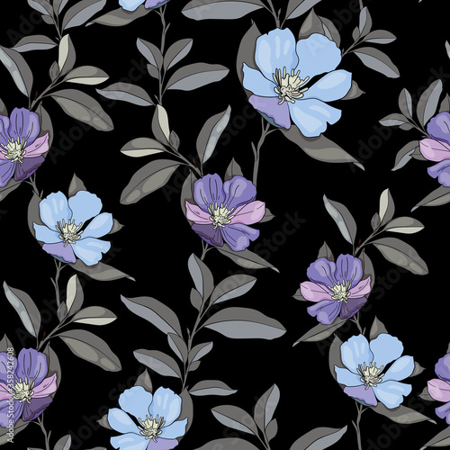 Fototapeta Naklejka Na Ścianę i Meble -  Chamernik seamless vector pattern on a black background. Pattern of purple and blue flowers. Use for printing, textiles, designs, designs, flyers, greetings, websites, wallpapers and wrapping paper.