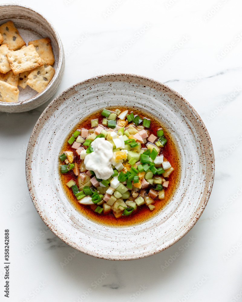 Cold traditional Russian and Ukraine Soup Okroshka Cold traditional Russian and Ukraine Soup Okroshka