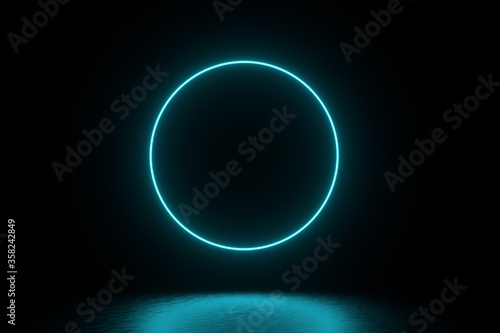 3D Rendering Illustration. Futuristic Sci Fi Dark Empty Room With Neon Glowing. 3D abstract background with neon lights. 