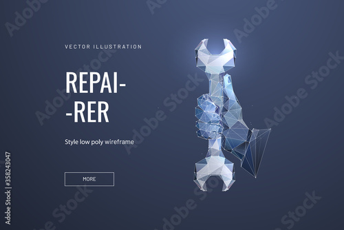 Wrench or spanner in hand polygonal vector illustration - Monochrome abstract isolated on blue background - Concept of repair, maintenance or settings - Low poly wireframe style
