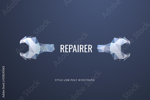Wrench or spanner polygonal vector illustration - Monochrome abstract isolated on blue background - Concept of repair, maintenance or settings - Low poly wireframe style