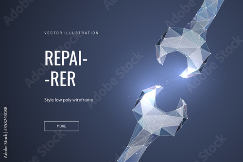 Wrench or spanner polygonal vector illustration - Monochrome abstract isolated on blue background - Concept of repair, maintenance or settings - Low poly wireframe style
